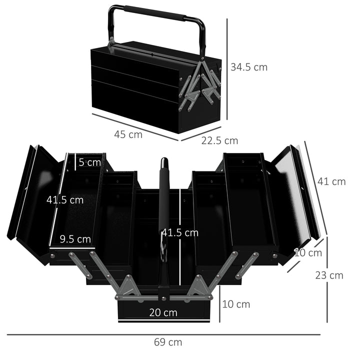 DURHAND 3 Tier Metal Toolbox, 5 Tray Professional Portable Tool Box with Carry Handle for Workshop, 45cmx22.5cmx34.5cm, Black