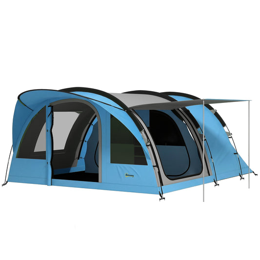 4 Person Easy Setup Family Camping Tent with 2 Rooms, Waterproof Tunnel Tent w/ Sewn In Groundsheet, Doors, Windows, Storage Pockets and Carrying Bag, Sky Blue & Grey