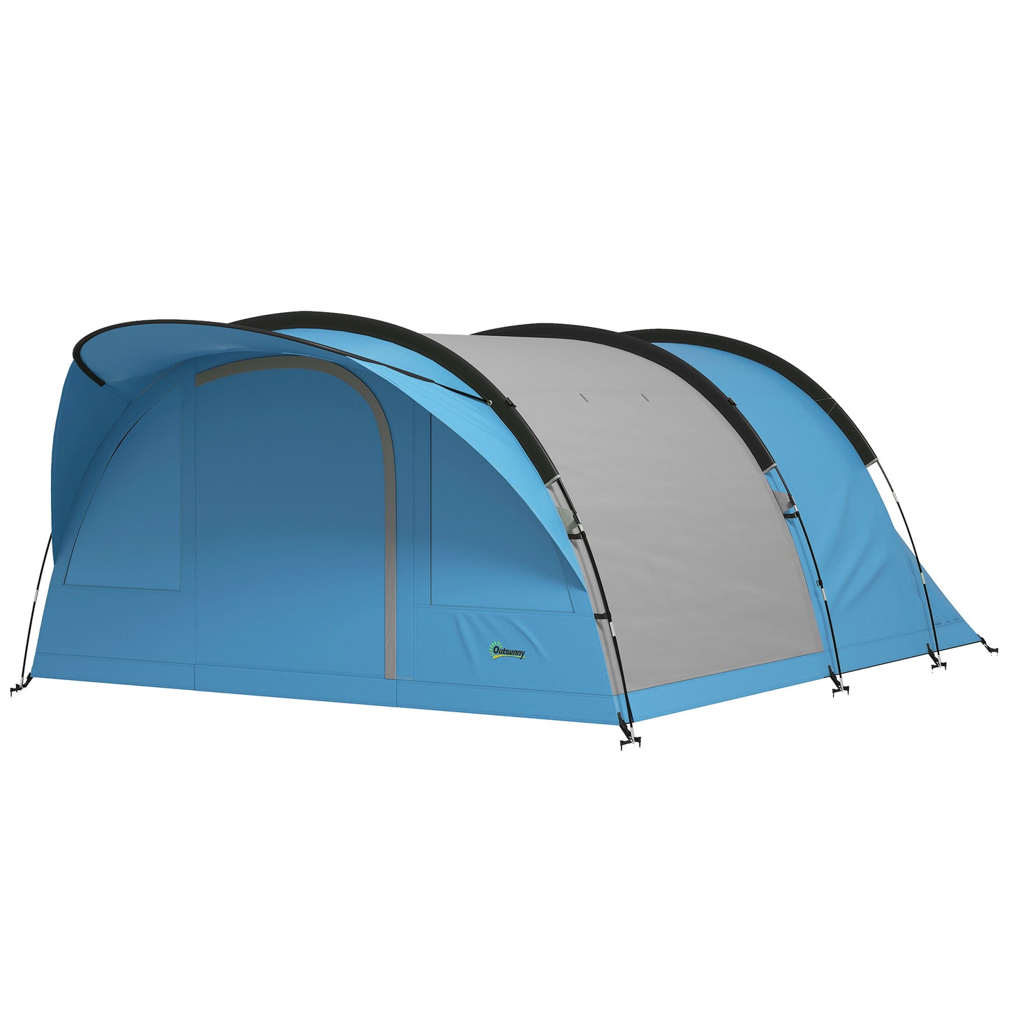 4 Person Easy Setup Family Camping Tent with 2 Rooms, Waterproof Tunnel Tent w/ Sewn In Groundsheet, Doors, Windows, Storage Pockets and Carrying Bag, Sky Blue & Grey