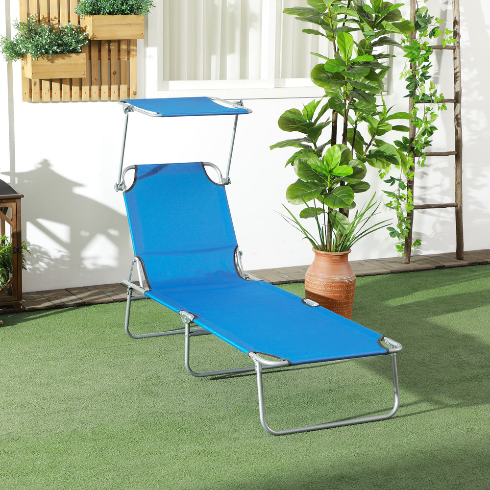 Folding Sun Lounger w/ Sunshade Adjustable Backrest Bright Blue