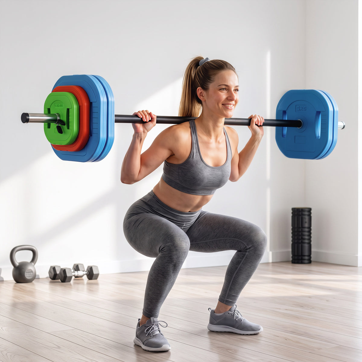 30kg Adjustable Barbell Set with 8 Grip Plates and Clips - Multicolour