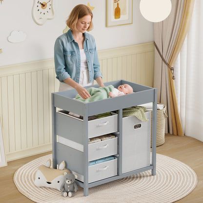 Baby Changing Unit with 4 Drawers, Diaper Changing Table, Grey