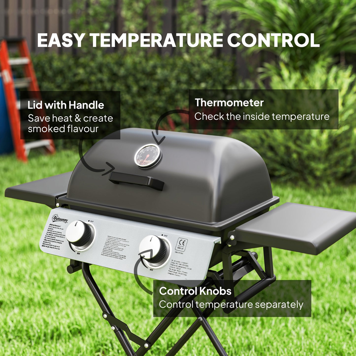 Portable Foldable Gas Barbecue Grill with Thermometer, Lid, Black