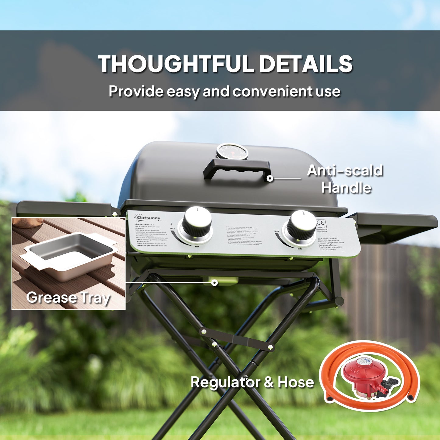 Portable Foldable Gas Barbecue Grill with Thermometer, Lid, Black