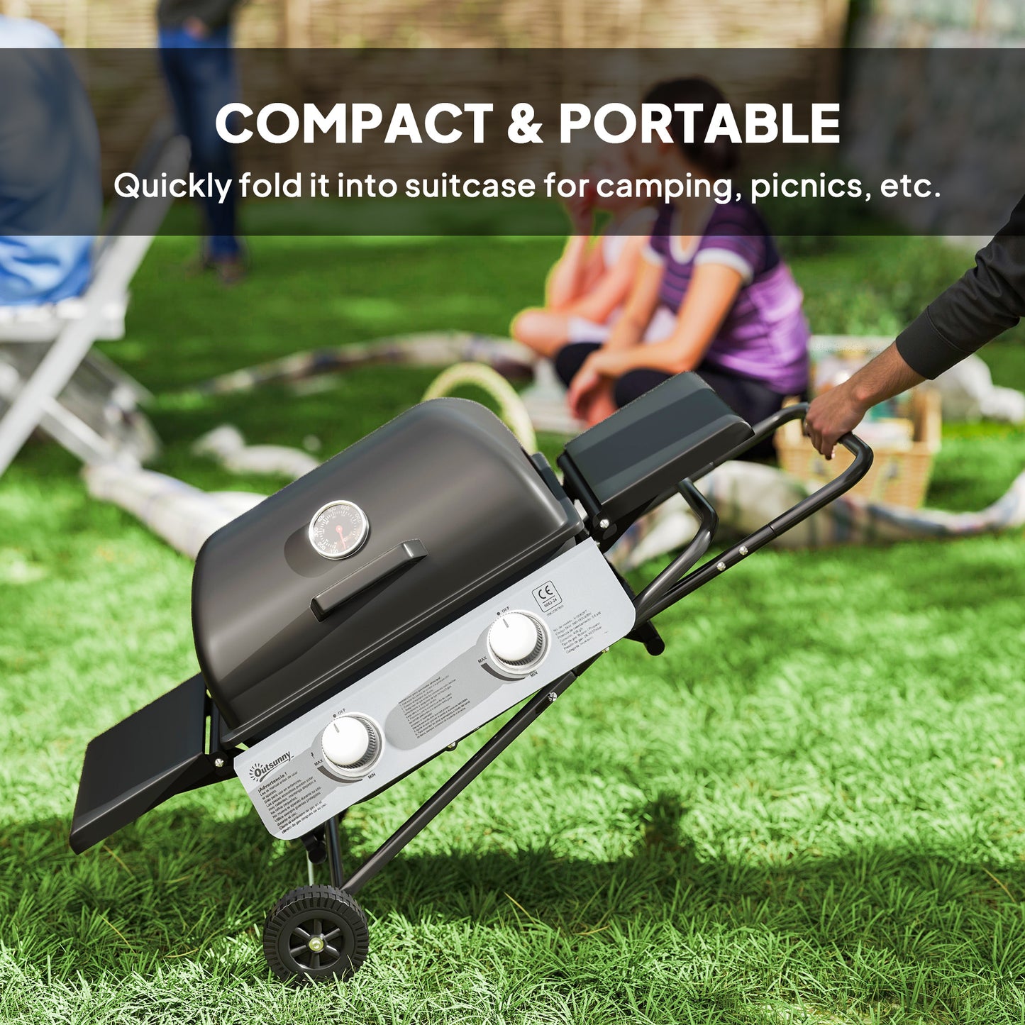 Portable Foldable Gas Barbecue Grill with Thermometer, Lid, Black
