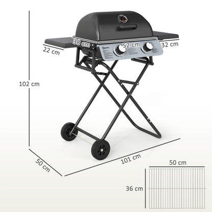 Portable Foldable Gas Barbecue Grill with Thermometer, Lid, Black