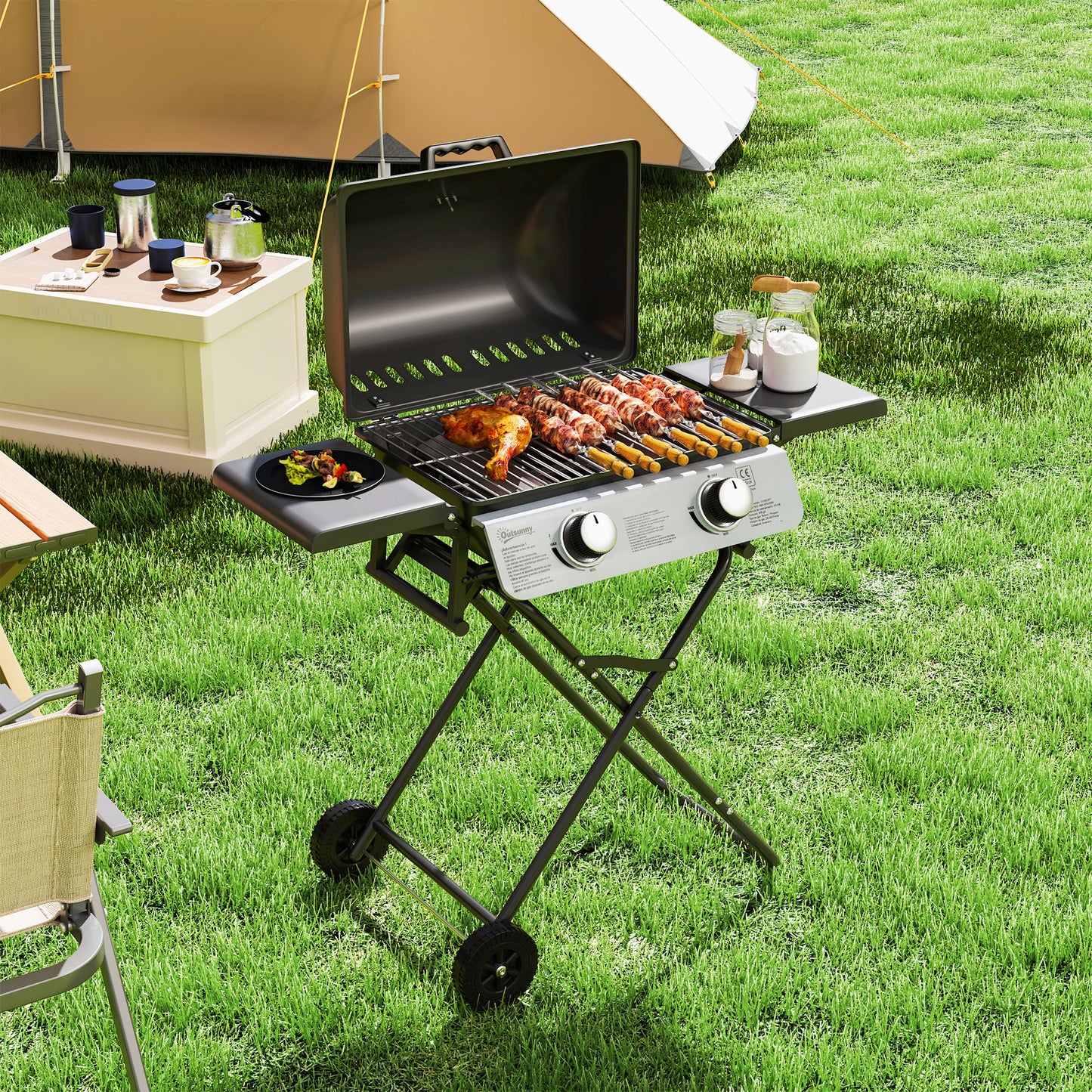 Portable Foldable Gas Barbecue Grill with Thermometer, Lid, Black