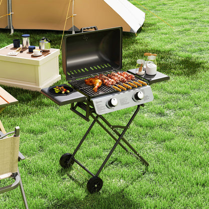 Portable Foldable Gas Barbecue Grill with Thermometer, Lid, Black