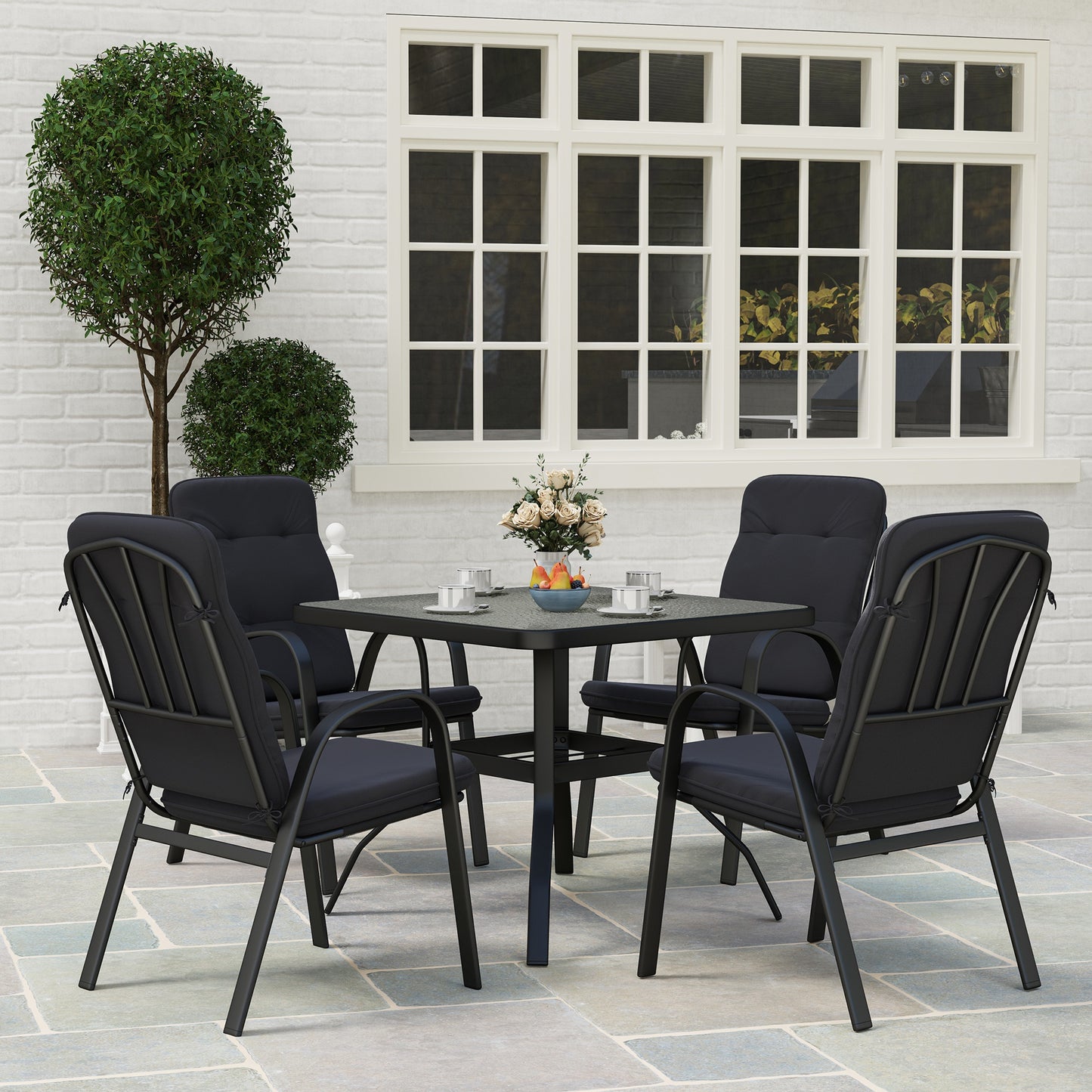Garden Dining Set, Glass Table w/ Umbrella Hole Black
