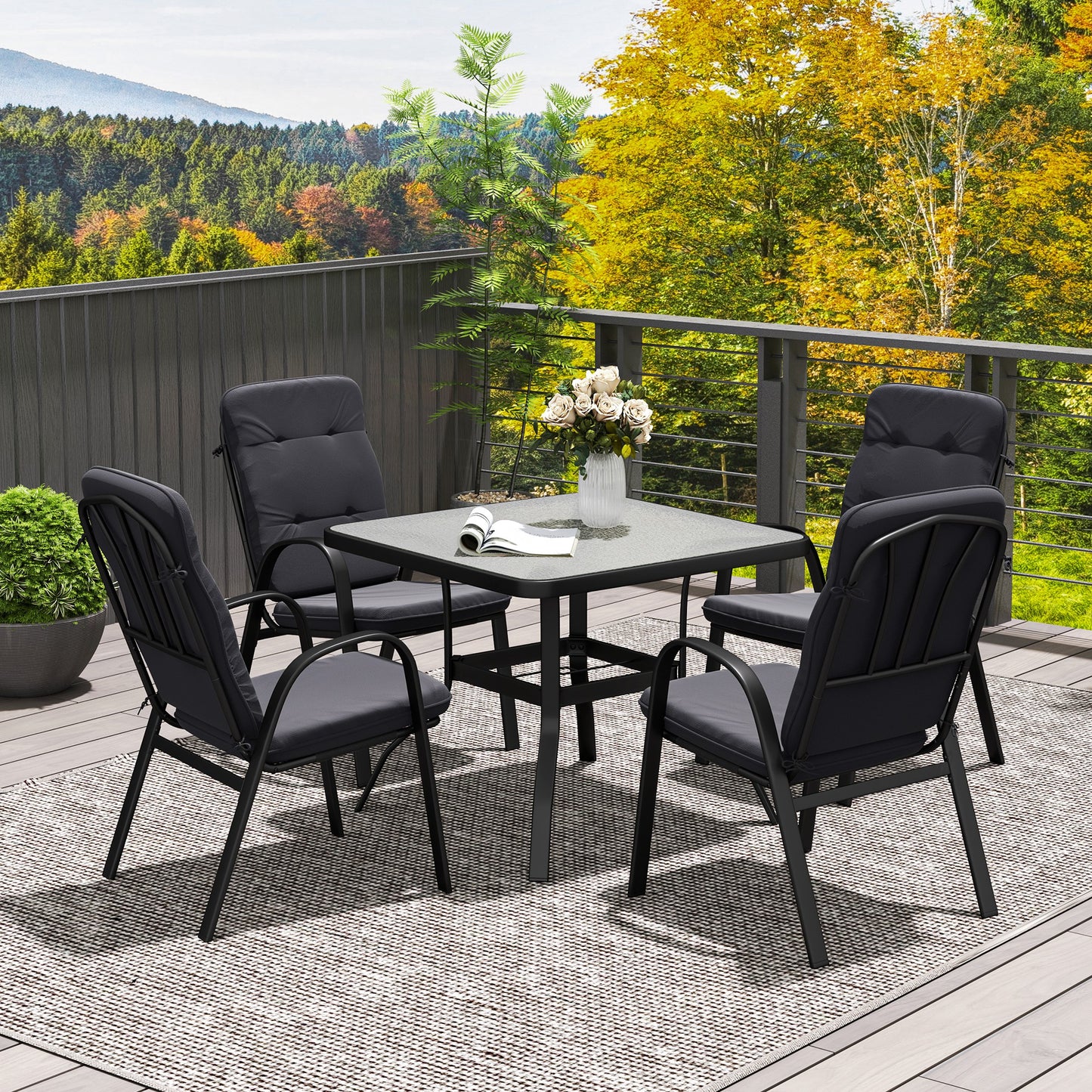 Garden Dining Set, Glass Table w/ Umbrella Hole Black