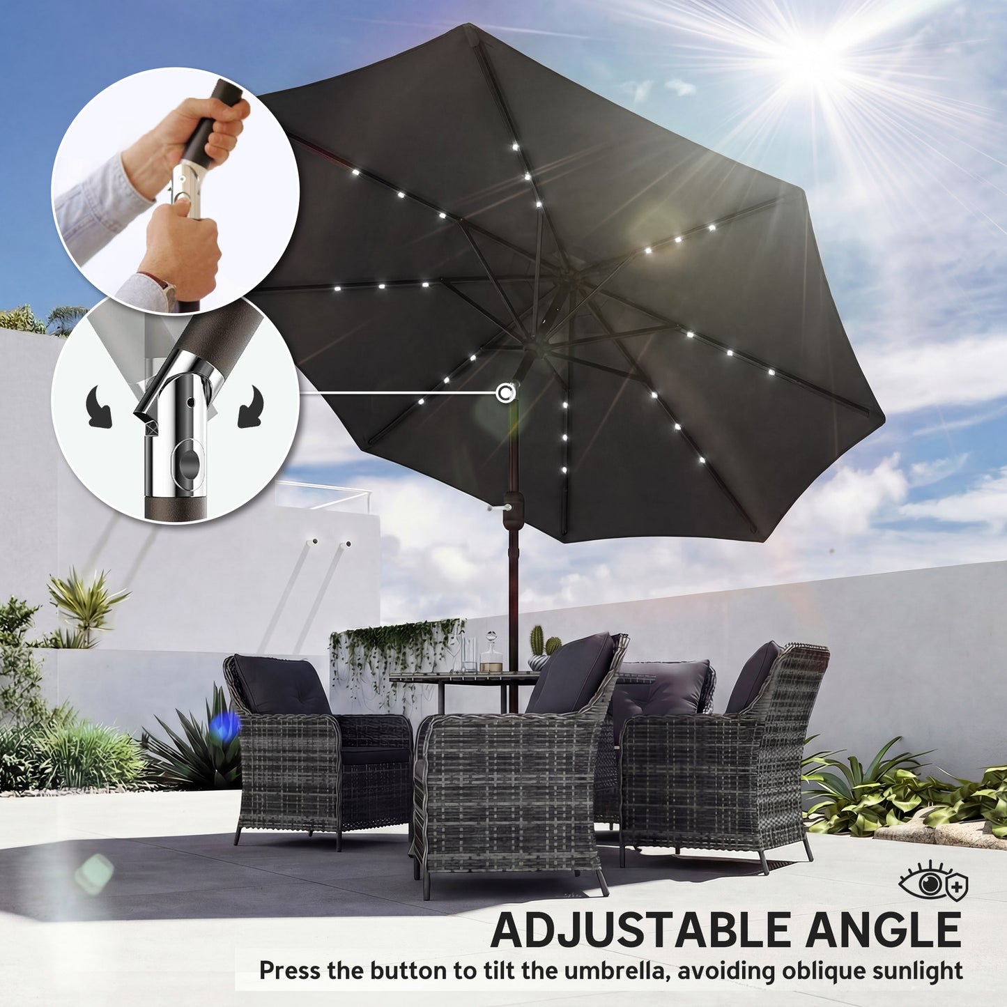2.6 m Garden Parasol Umbrella with Light, Outdoor Patio Umbrella