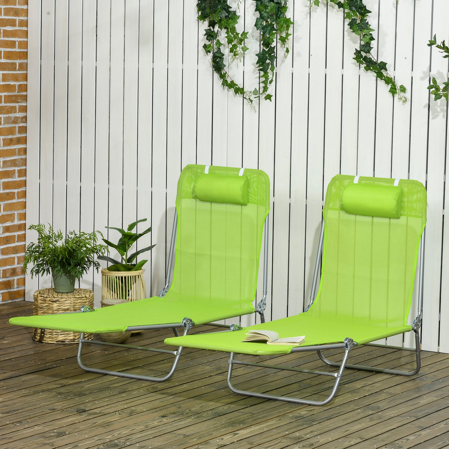 Folding Sun Lounger Set of 2, Outdoor Day Beds with Pillow, Reclining Back, Steel Frame and Breathable Mesh for Beach, Yard, Patio, Green