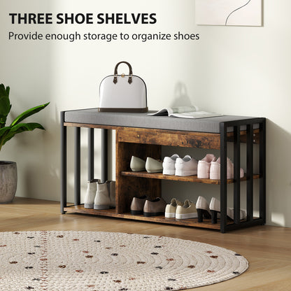Upholstered Entryway Shoe Bench with Storage Shelves, Rustic Brown