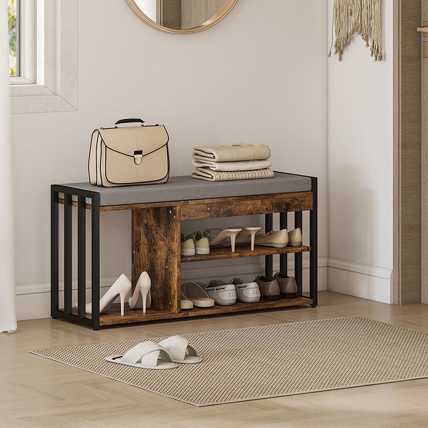 Upholstered Entryway Shoe Bench with Storage Shelves, Rustic Brown