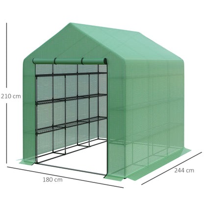 Walk-in Greenhouse with 4 Tier 24 Shelves, Portable Grow House with Roll-up Door, 244 x 180 x 210cm, Green