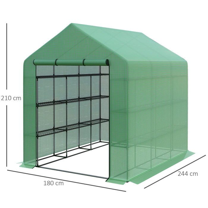 Poly Tunnel Steeple Walk in Garden Greenhouse with Removable Cover Shelves - Green 244 x 180 x 210cm