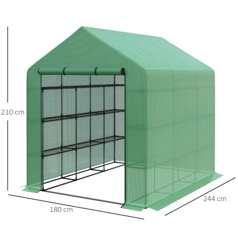 Walk-in Greenhouse with 4 Tier 24 Shelves, Portable Grow House with Roll-up Door, 244 x 180 x 210cm, Green