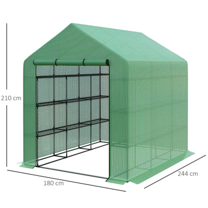 Walk-in Greenhouse with 4 Tier 24 Shelves, Portable Grow House with Roll-up Door, 244 x 180 x 210cm, Green
