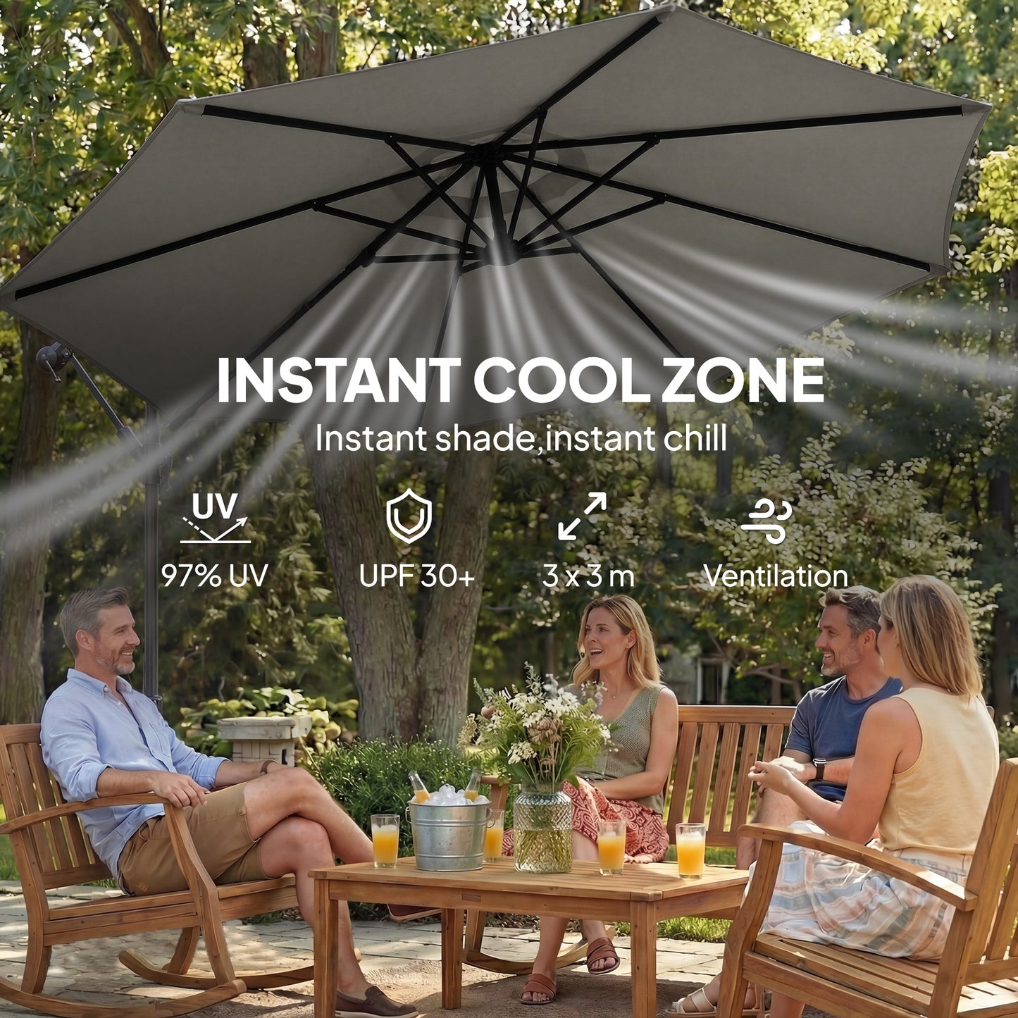 3 m Garden Cantilever Parasol with Sandbag, 360 Degree Rotation