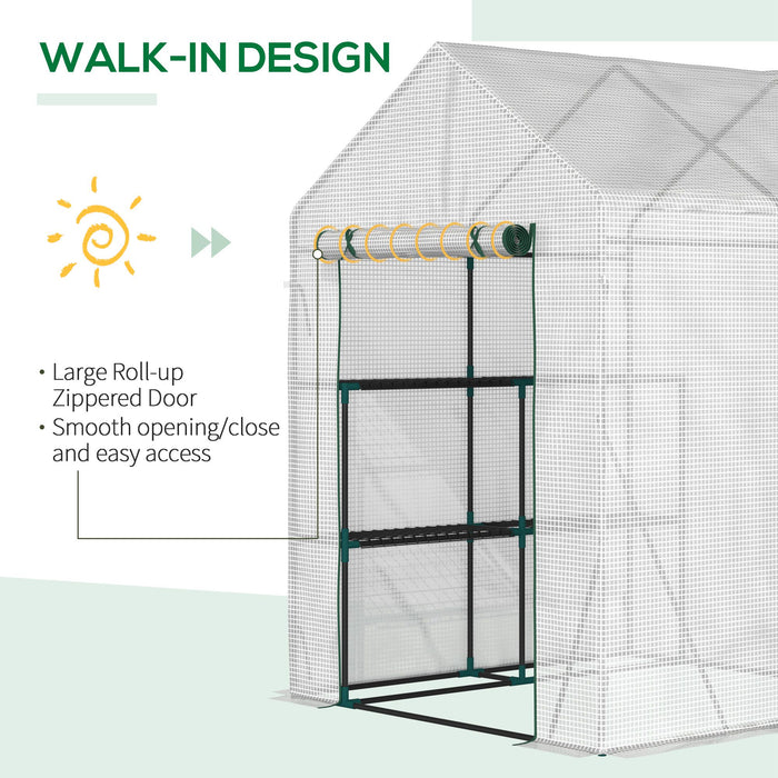 Walk-In Greenhouse Portable Gardening Plant Grow House with 2 Tier Shelf, Roll-Up Zippered Door and PE Cover, 143 x 143 x 195 cm