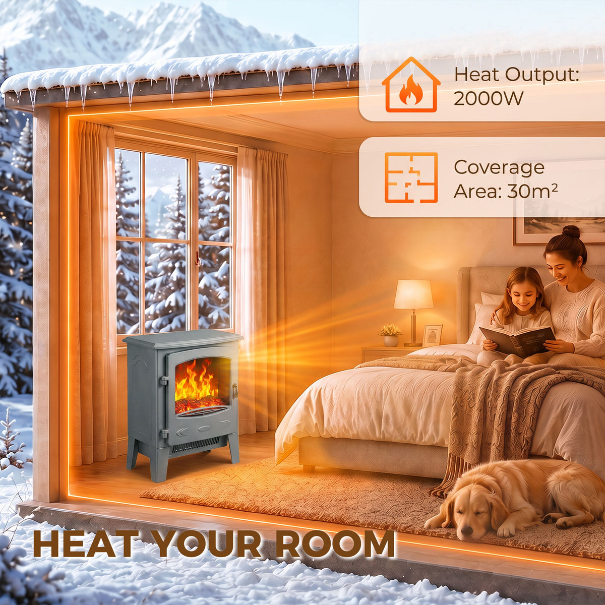 Electric Fireplace Freestanding w/ Realistic Flame Effect, Grey