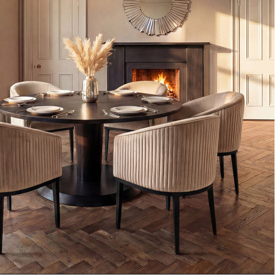 Ella Fluted Velvet Dining Chair with Black Base - Taupe & Black