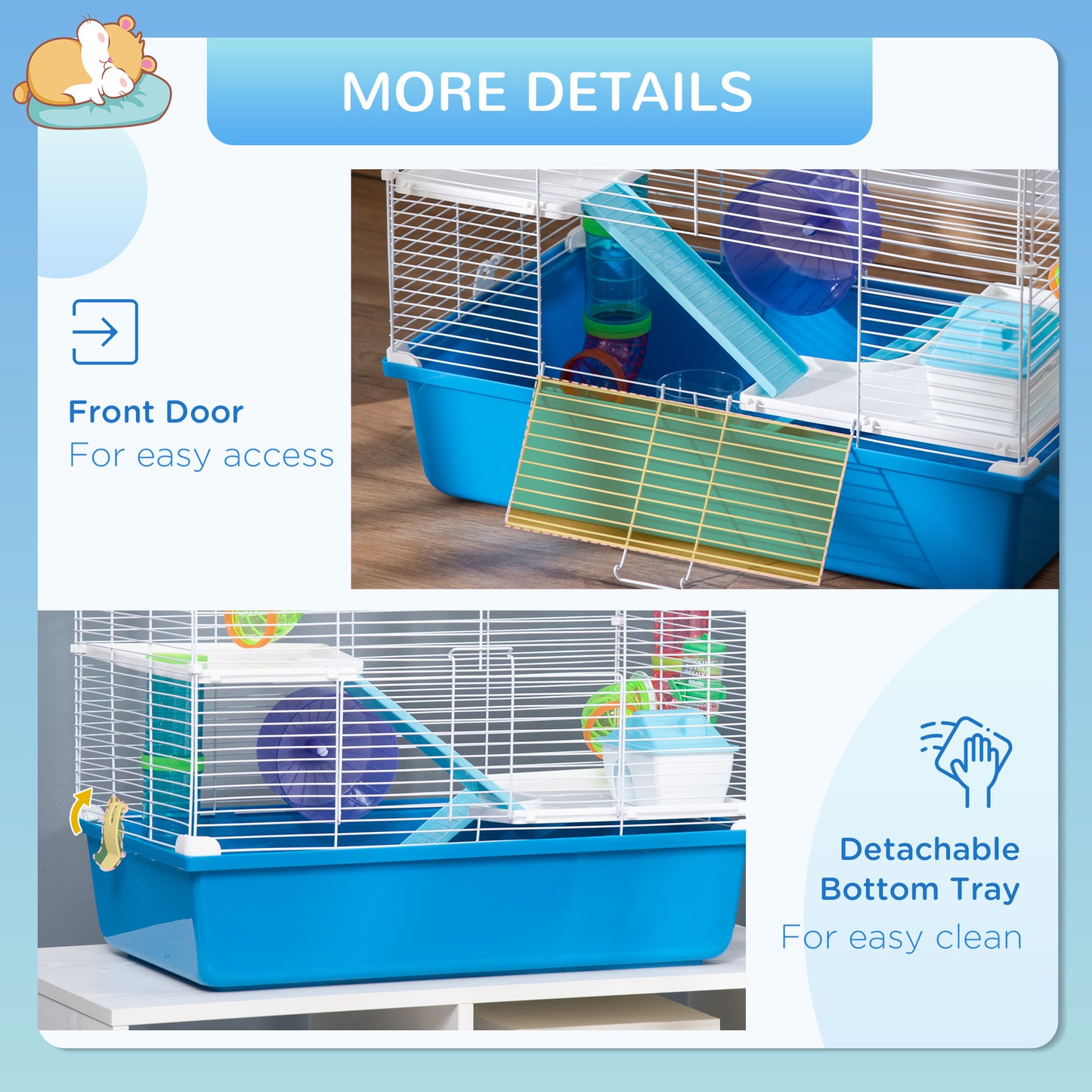 Hamster Cage with Tubes Tunnel 3 Level Rodent House with Exercise Wheel, Water Bottle, Food Dish, Ramp, Hut 59 x 36 x 47 cm- Blue