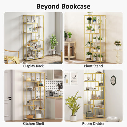 Modern Bookcase 7-Tier Bookshelf Shelving Unit White Gold Tone