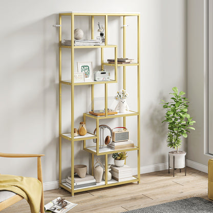 Modern Bookcase 7-Tier Bookshelf Shelving Unit White Gold Tone