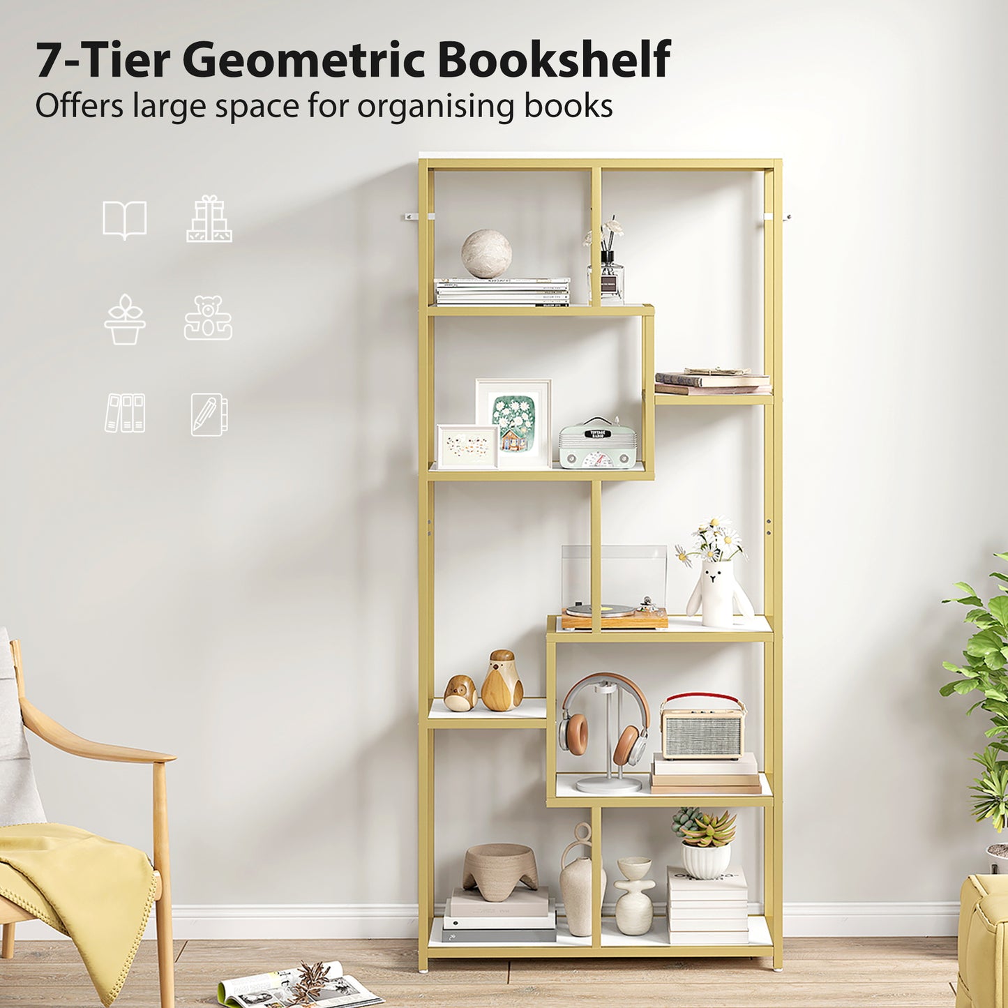 Modern Bookcase 7-Tier Bookshelf Shelving Unit White Gold Tone