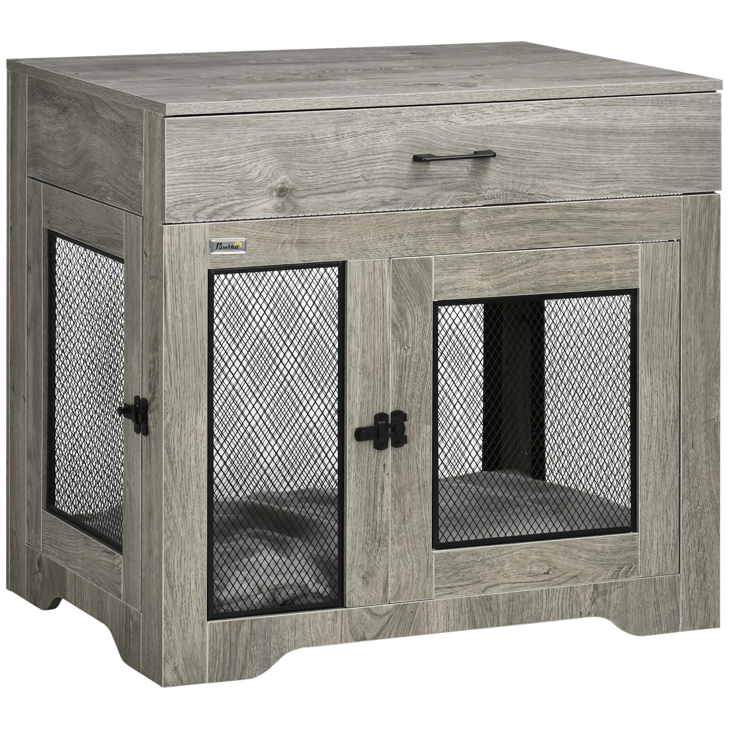 Indoor Dog Crate Furniture with Cushion, Double Doors, Pet Kennel End Table with Drawer, for Medium Dogs - Grey