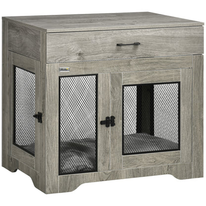 Indoor Dog Crate Furniture with Cushion, Double Doors, Pet Kennel End Table with Drawer, for Medium Dogs - Grey