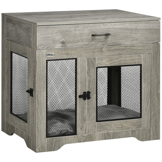 Indoor Dog Crate Furniture with Cushion, Double Doors, Pet Kennel End Table with Drawer, for Medium Dogs - Grey