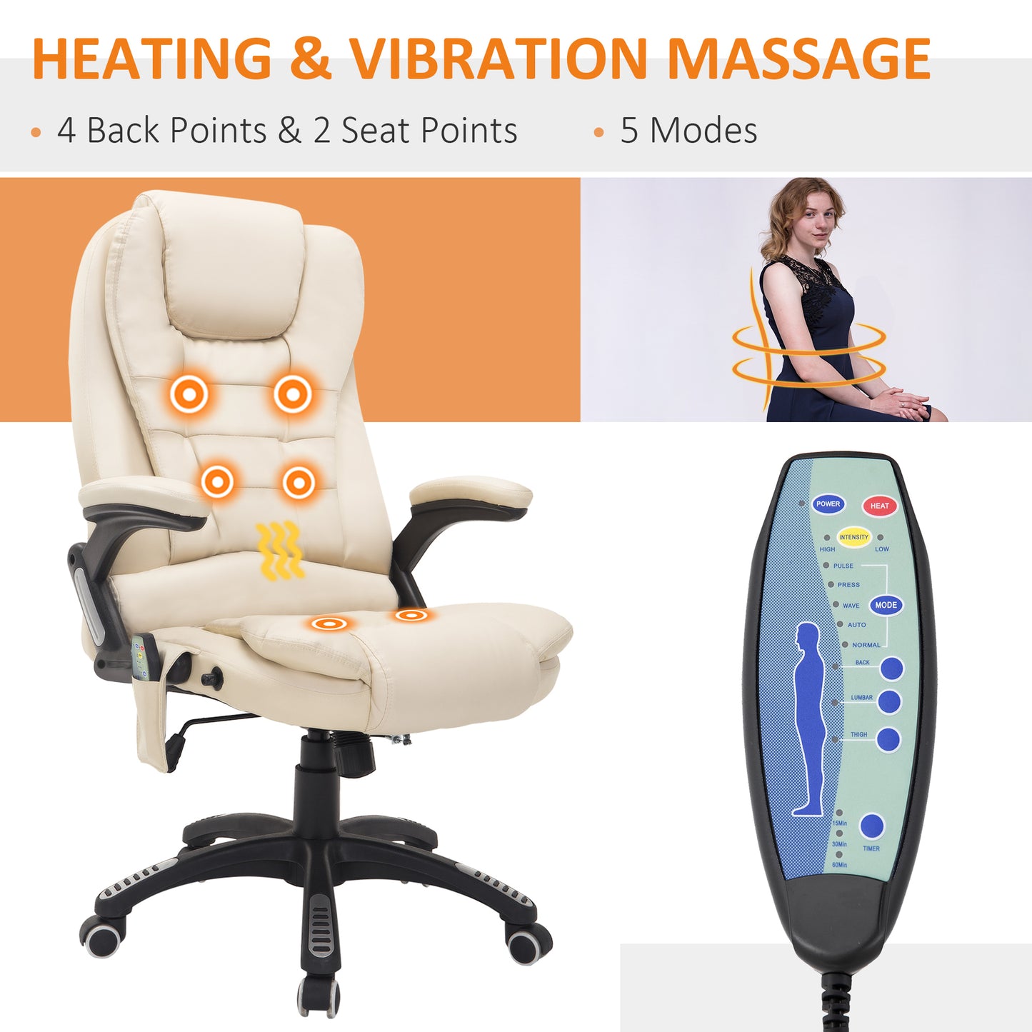 Heated Vibrating Massage Office Chair with Reclining Function, Beige