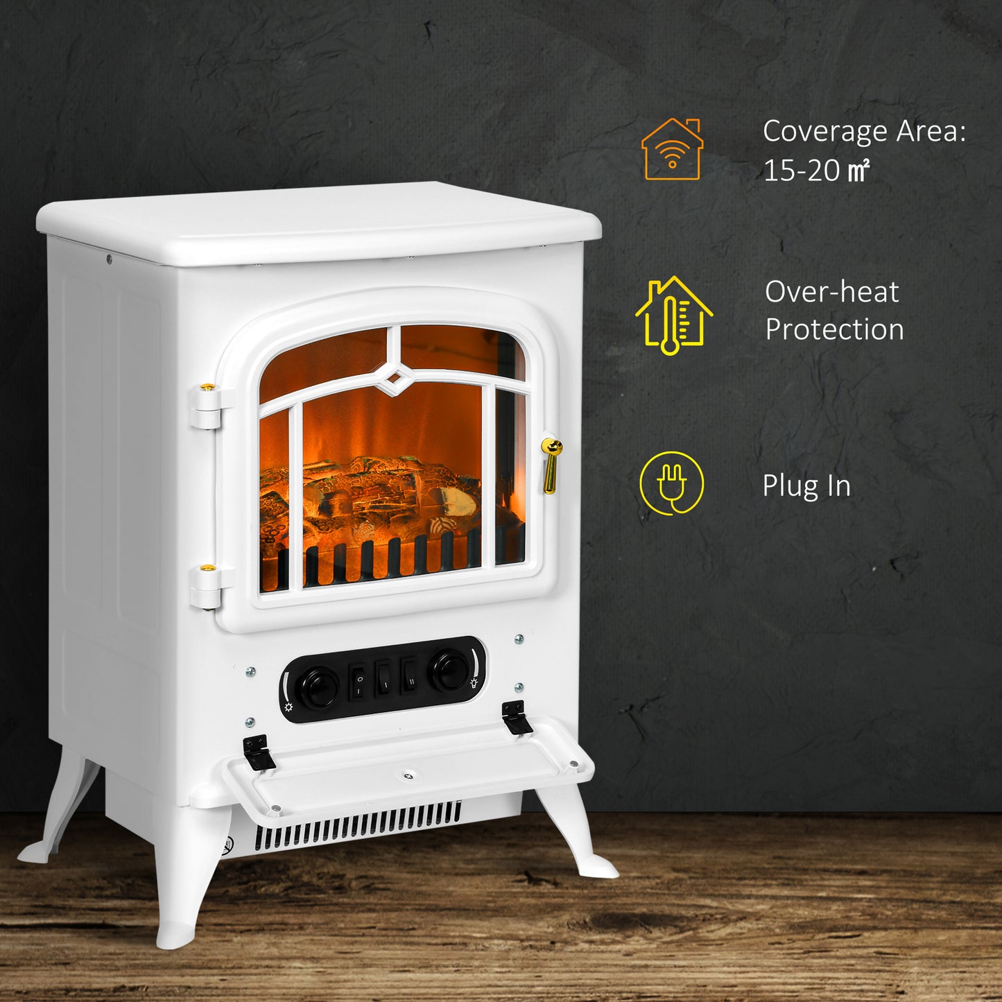 Fireplace Stove Heater Log Burning Flame Electric 1000/2000W White