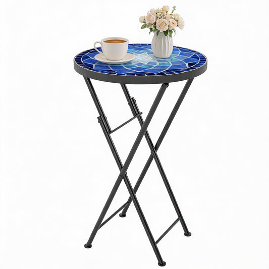 Mosaic Garden Table, 35.5cm Folding Coffee Table, Navy Blue