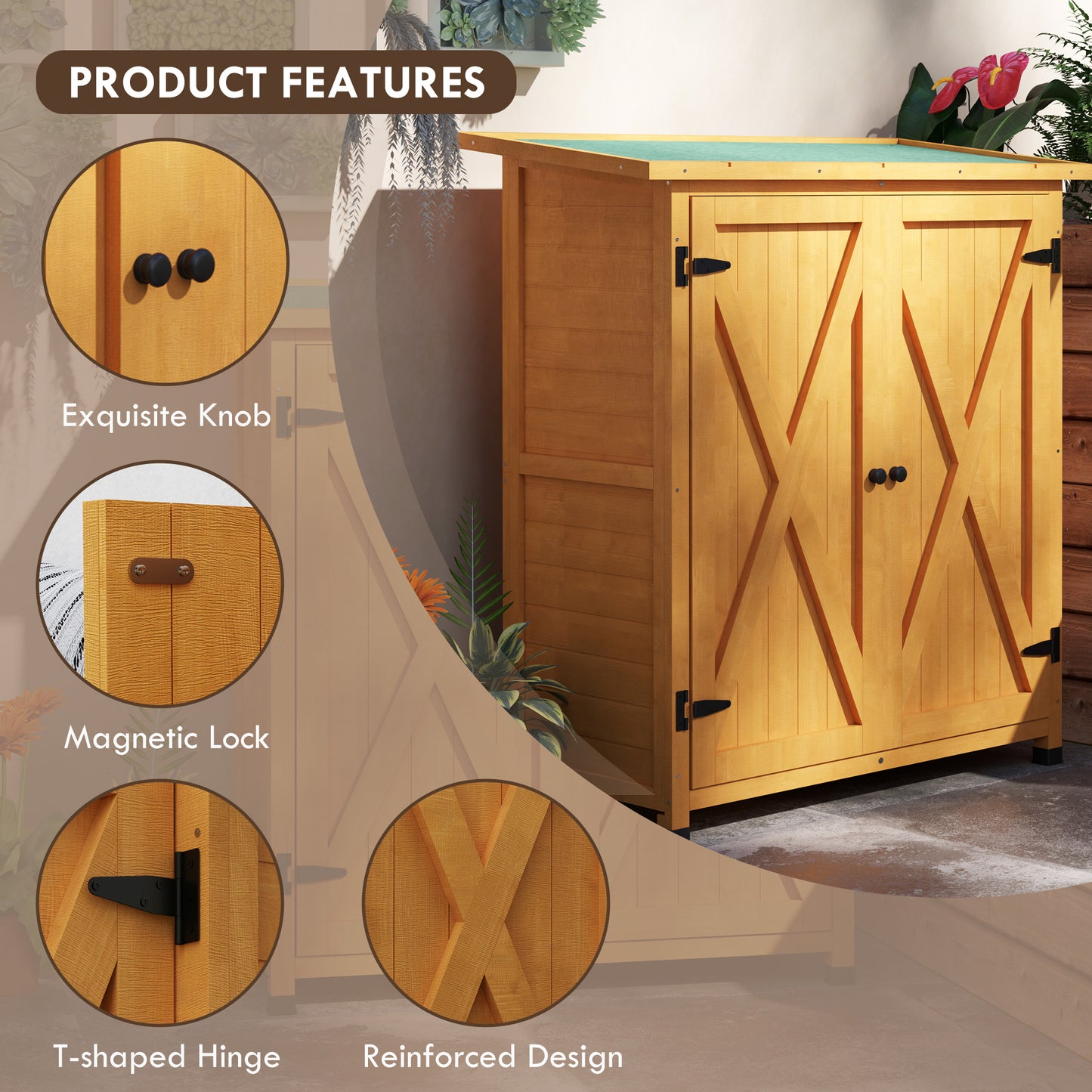 Wood Garden Storage Shed Tool Cabinet Organizer w/ Shelves, Yellow