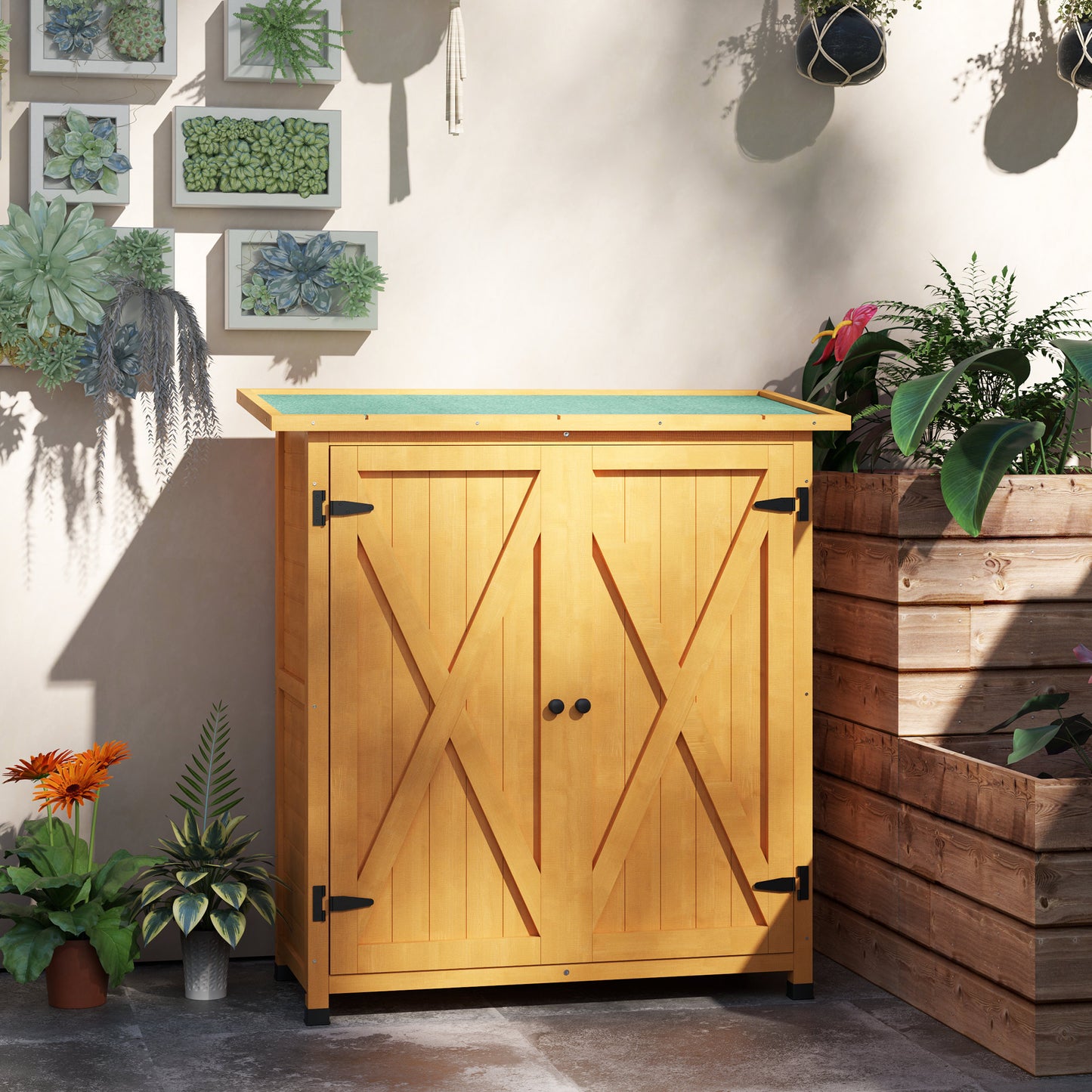 Wood Garden Storage Shed Tool Cabinet Organizer w/ Shelves, Yellow