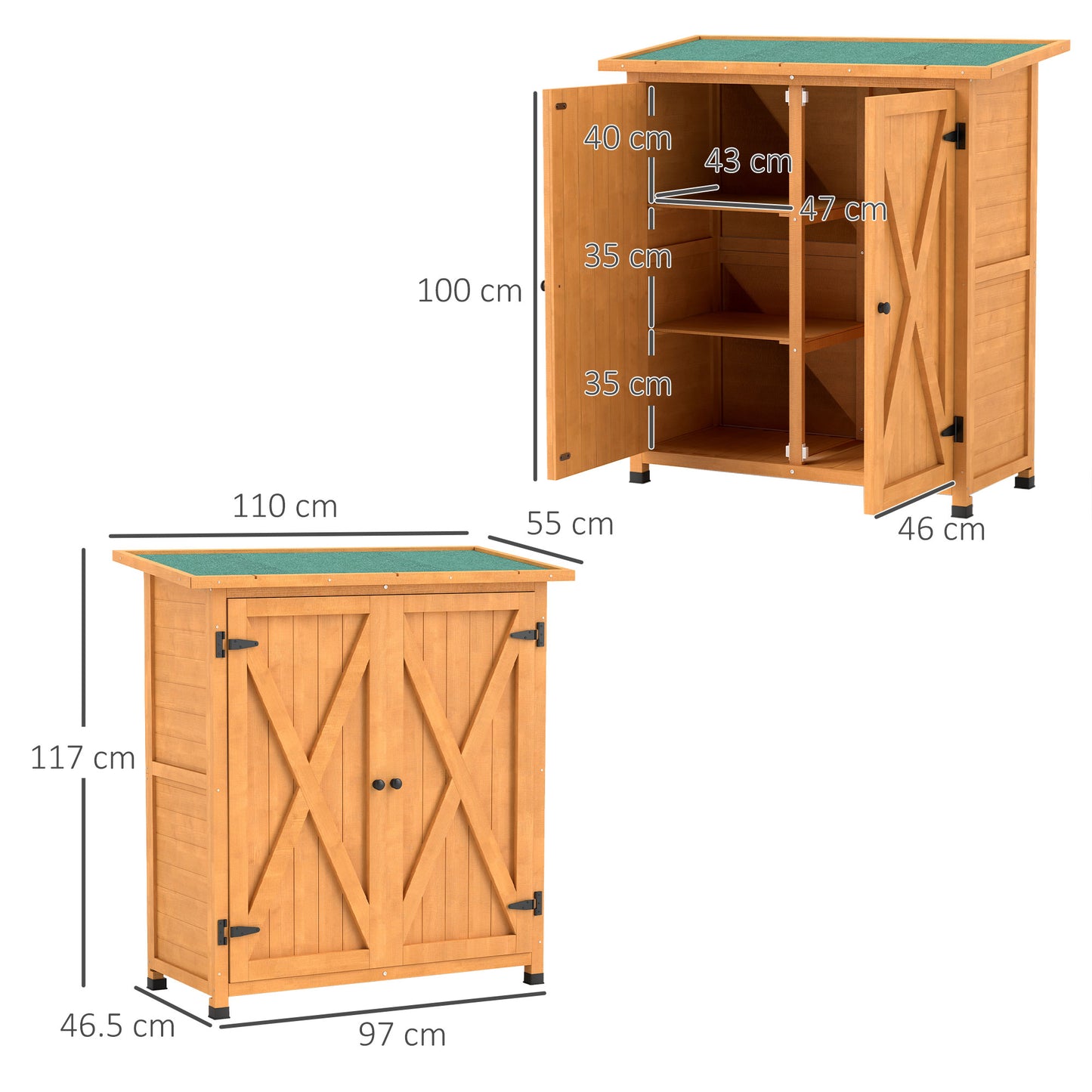 Wood Garden Storage Shed Tool Cabinet Organizer w/ Shelves, Yellow