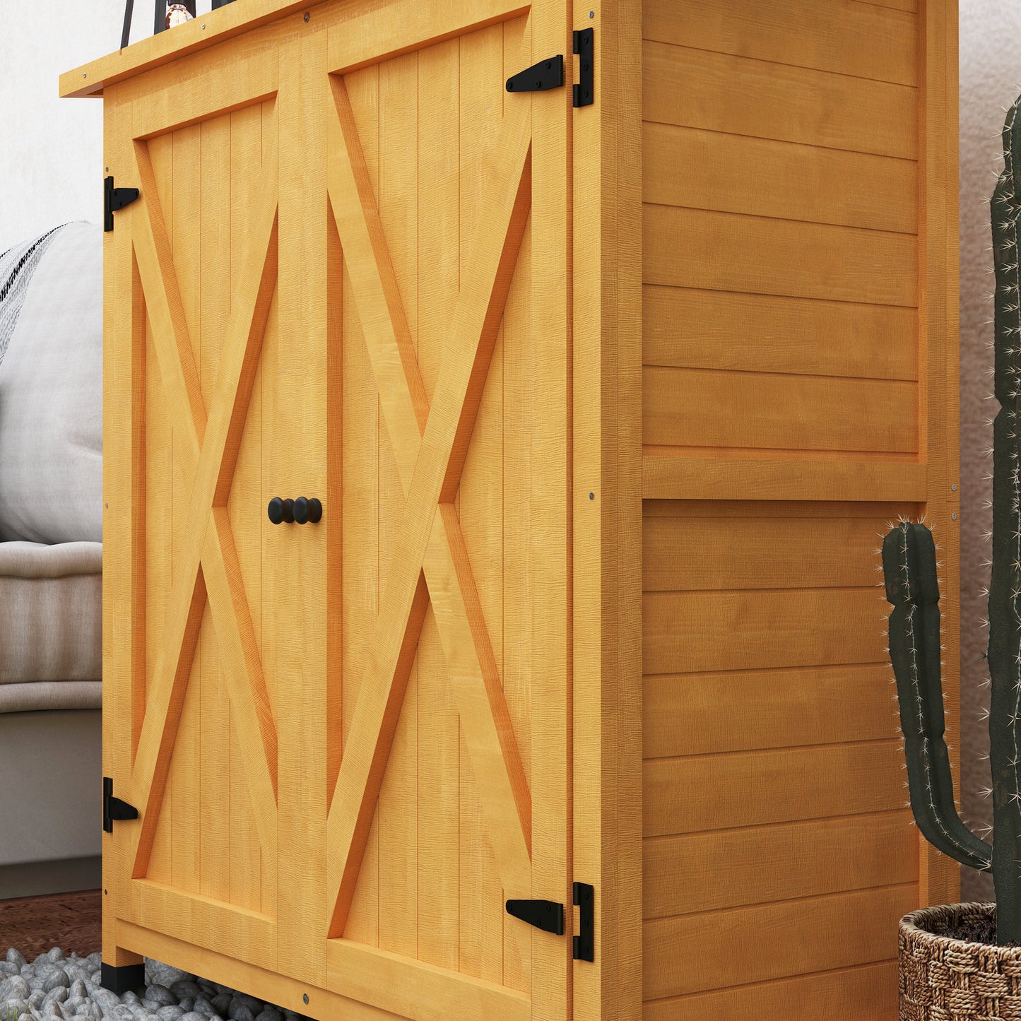 Wood Garden Storage Shed Tool Cabinet Organizer w/ Shelves, Yellow
