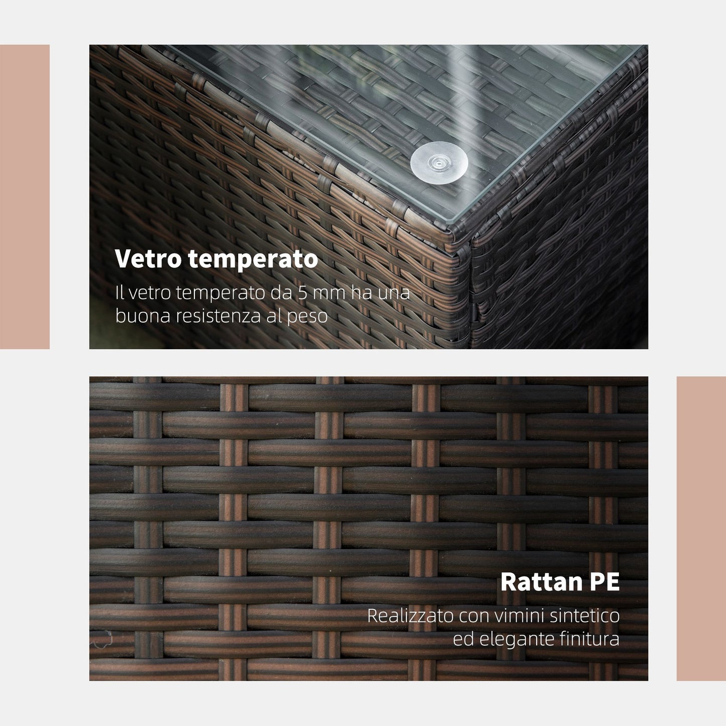 Garden Rattan Side Table,Wicker Coffee Desk, Glass Top, Mixed Brown