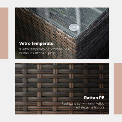 Garden Rattan Side Table,Wicker Coffee Desk, Glass Top, Mixed Brown