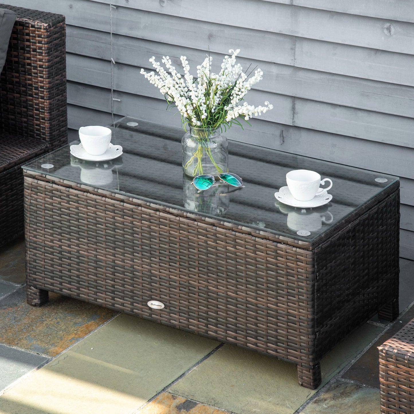 Garden Rattan Side Table,Wicker Coffee Desk, Glass Top, Mixed Brown