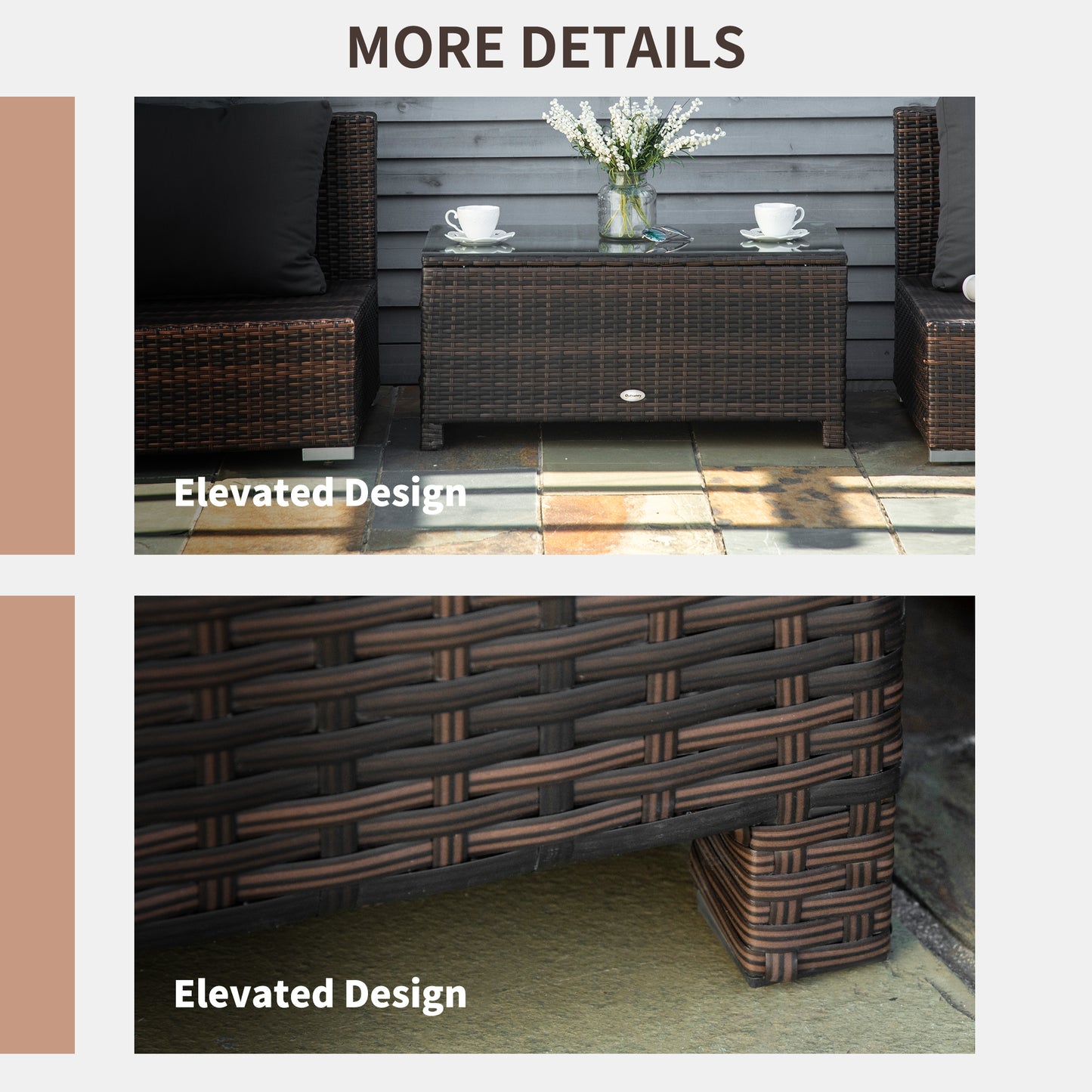 Garden Rattan Side Table,Wicker Coffee Desk, Glass Top, Mixed Brown