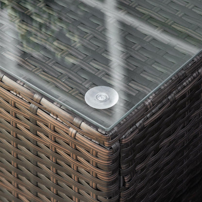 Garden Rattan Side Table,Wicker Coffee Desk, Glass Top, Mixed Brown