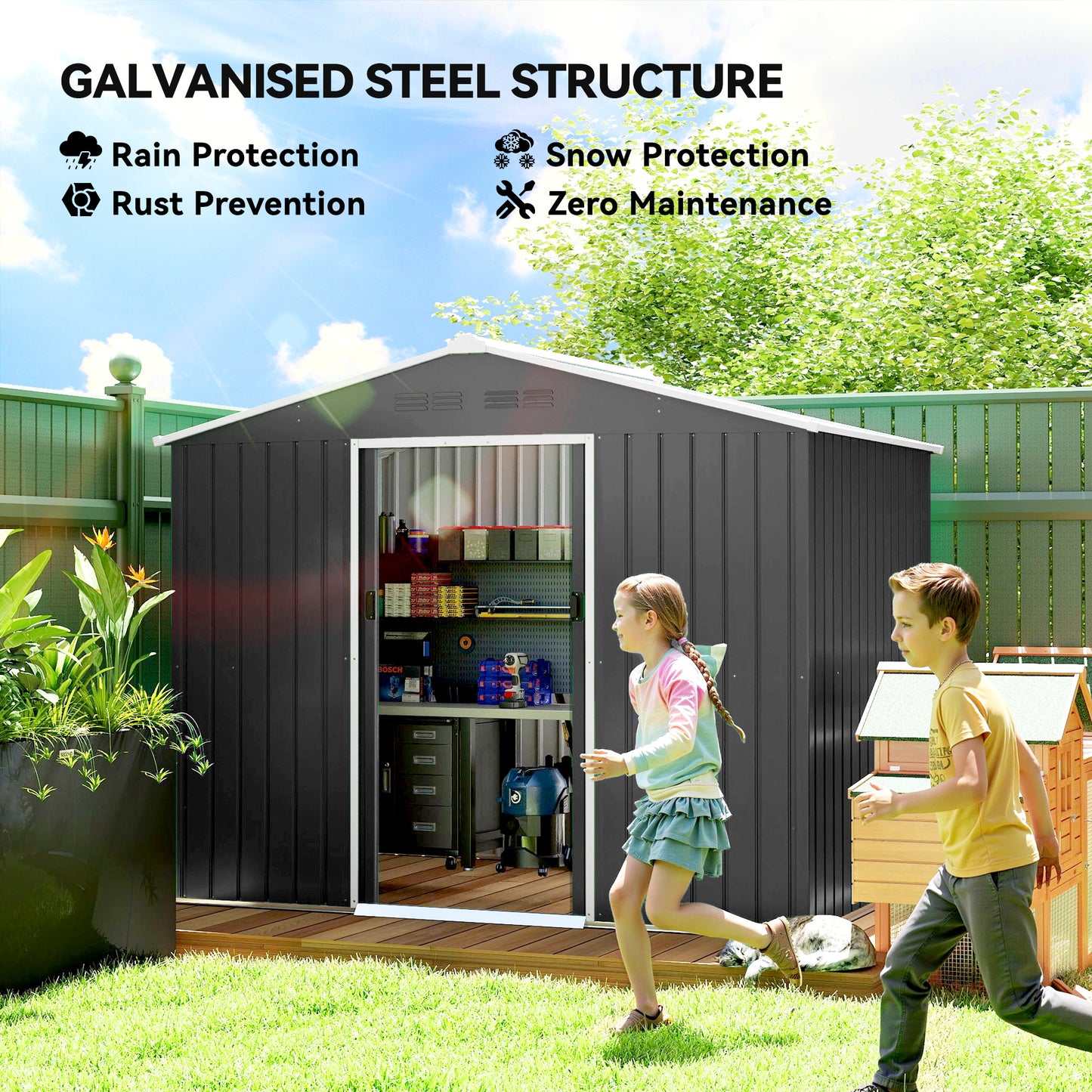 8 x 6ft Garden Storage Shed with Double Door, Dark Grey