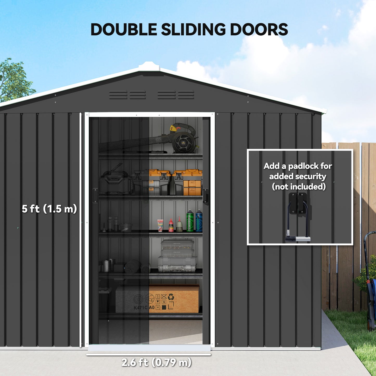 8 x 6ft Garden Storage Shed with Double Door, Dark Grey