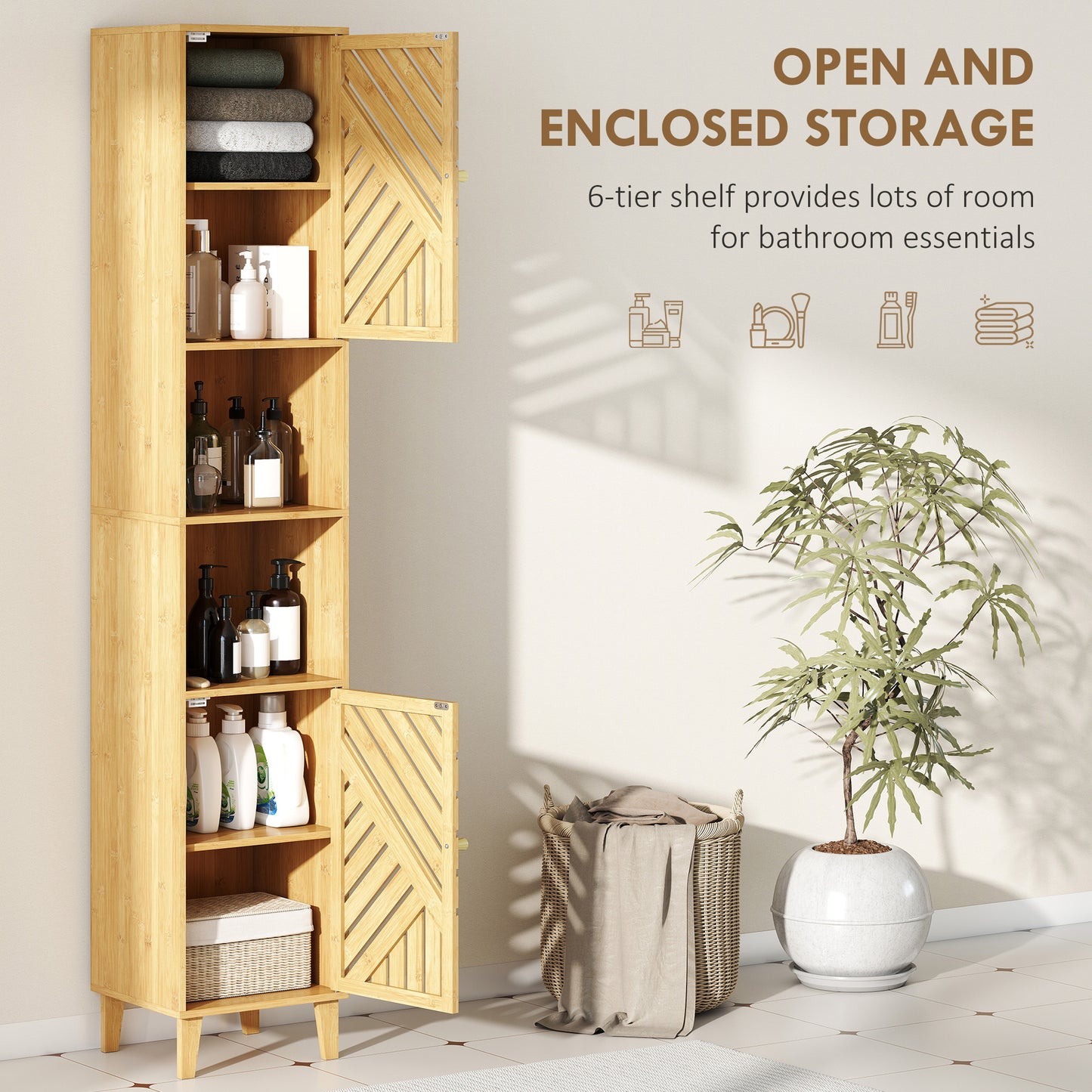 Tall Bathroom Cabinet with Open Compartments and Adjustable Shelves