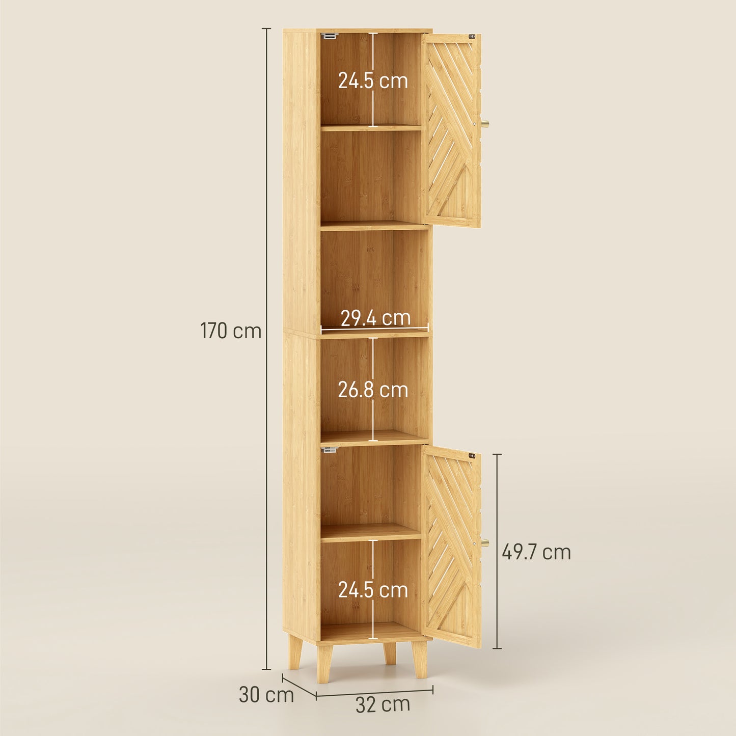 Tall Bathroom Cabinet with Open Compartments and Adjustable Shelves