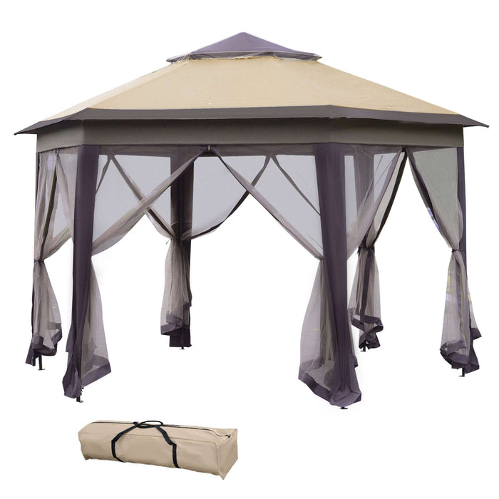 Hexagon Patio Gazebo Pop Up Gazebo Outdoor Double Roof Instant Shelter with Netting, 3m x 4m, Beige